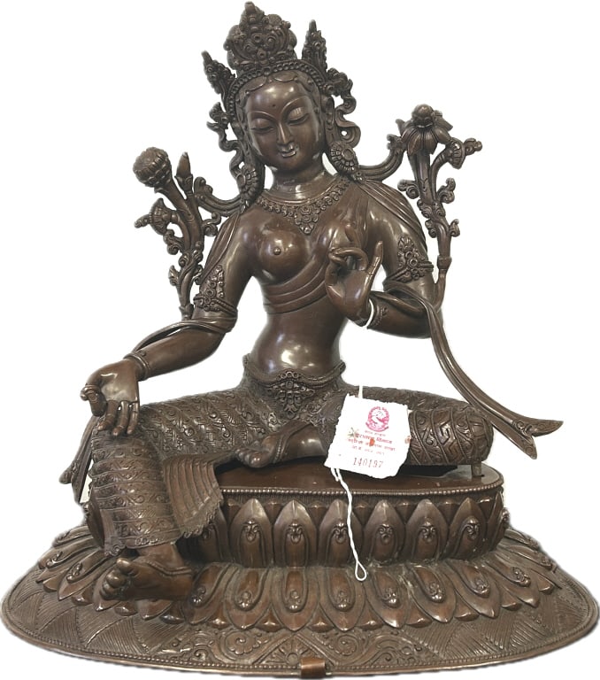 Antique Nepalese Bronze Figure of Green Tara.: 13 inches wide x 13.5 inches tall. 19th century finely cast 2-part statuette seated in lalitasana. Cloth label translates to Government of Nepal, Archaeological Department, Curio Jalpas Branch, A.V. 0