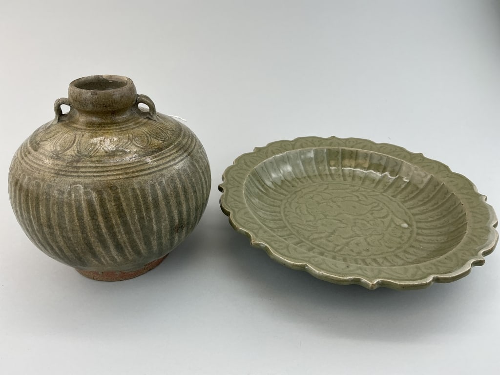 Antique Celadon Pottery Spherical Jar & Dish. (1 of 12)