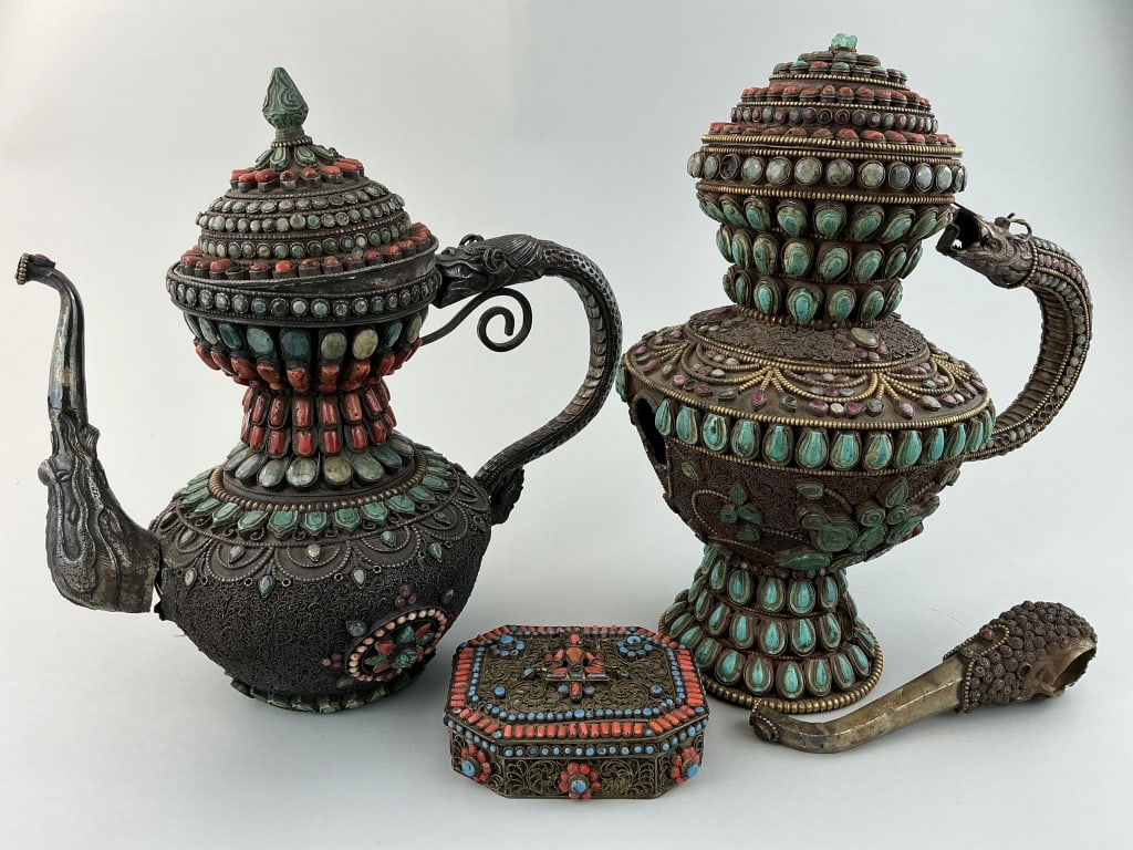 Tibetan Coral & Turquoise Mix-Metal Teapots & Box. (1 of 20)