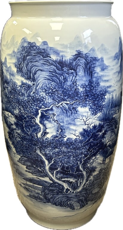 Japanese Blue & White Arita Landscape Temple Vase.: 14 inches wide x 27 inches tall. Signed on shoulder, Meiji period (1868-1912). Large Shanshui (mountain-water) decorated porcelain bulbous vase. Condition: Very good, weighs 40 lbs.**LOCAL PICKUP MUST