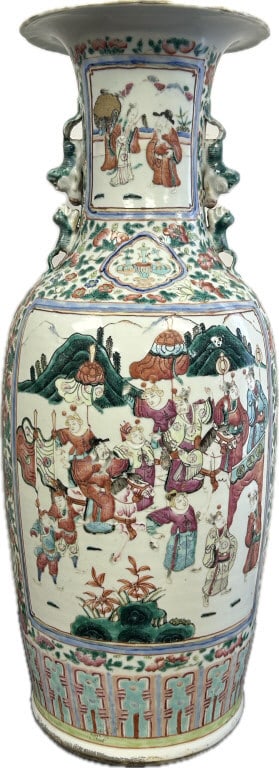 Antique Chinese Famille Rose Baluster Vase.: Approximately 9 inches wide x 24 inches tall. 19th century Qing Dynasty having a trumpet neck flanked by pierced gold enameled handles, above an ovoid body decorated with reserves depicting the Empero