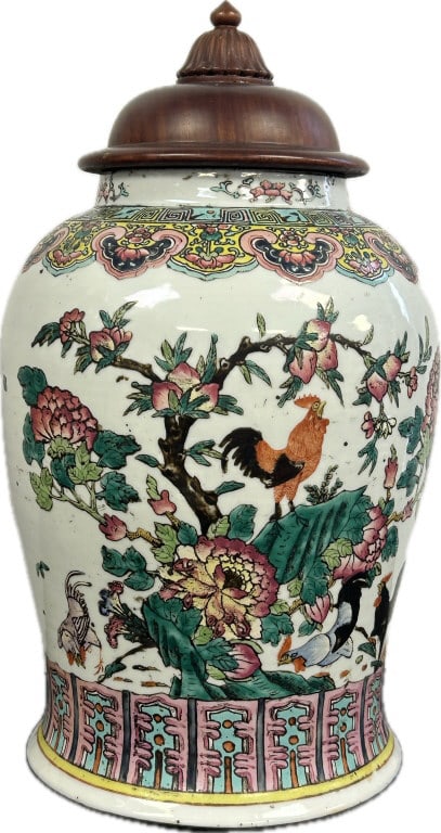 Antique Chinese Famille Rose Ginger Jar.: Measures 9.5 inches wide x 18 inches tall. Likely Late Qing Dynasty (1644–1912), Baluster-form with mahogany domed lid, ornately hand-painted with hens and roosters, rockwork, blooming peach tre