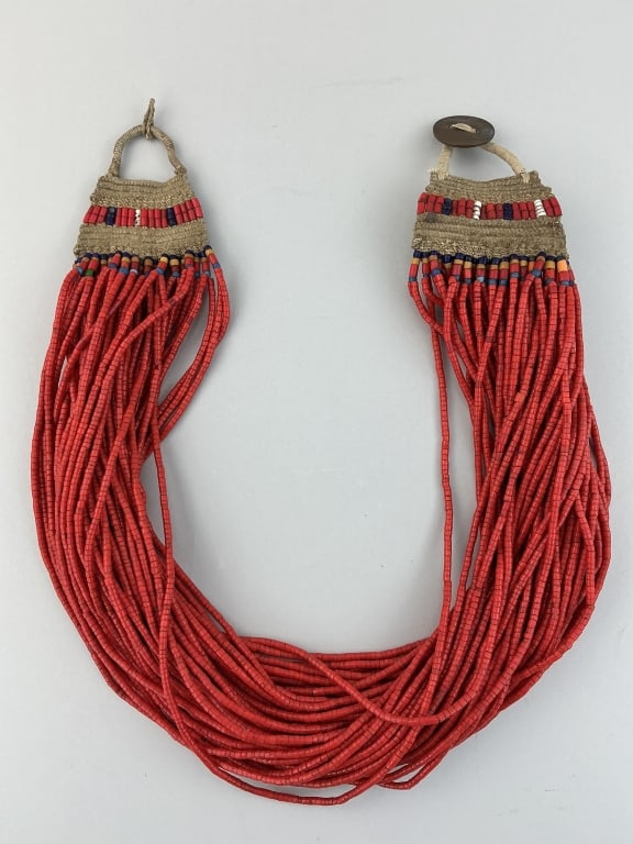 Vintage Konyak Naga Multi-Stand Red Bead Necklace.: Measures 23 inches long. Mid 20th century Nagaland, India necklace with glass bead on woven cotton and King George VI coin closure. Condition: Very good. **LOCAL PICKUP MUST BE BY APPT ONLY POSTAUCTIO