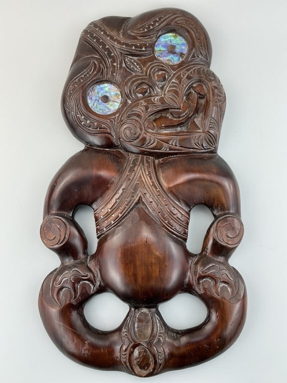Vintage Hand Carved Maori Tiki Wall Hanging.: Measures 22 inches high. Labeled on back Carved in Rotorua, New Zealand, a Rangatira Souvenir. Tourist trade carved wood wall plaque with abalone shell eyes. Condition: Very good.**LOCAL PICKUP MUST B
