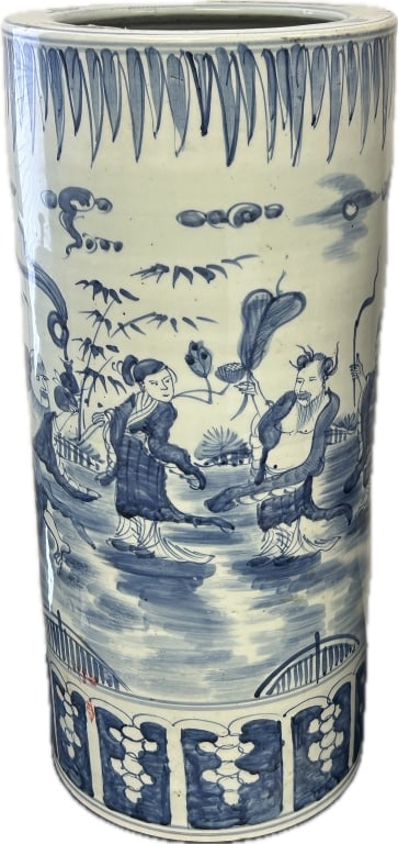 Chinese Blue & White Porcelain Umbrella Stand.: 10.5 inches wide x 23.5 inches tall. Likely Meiji period (1868-192), cylindrical vessel hand painted in blue with Chinese figures at leisure in outdoor landscape. Condition: Very good.**LOCAL PICKUP M