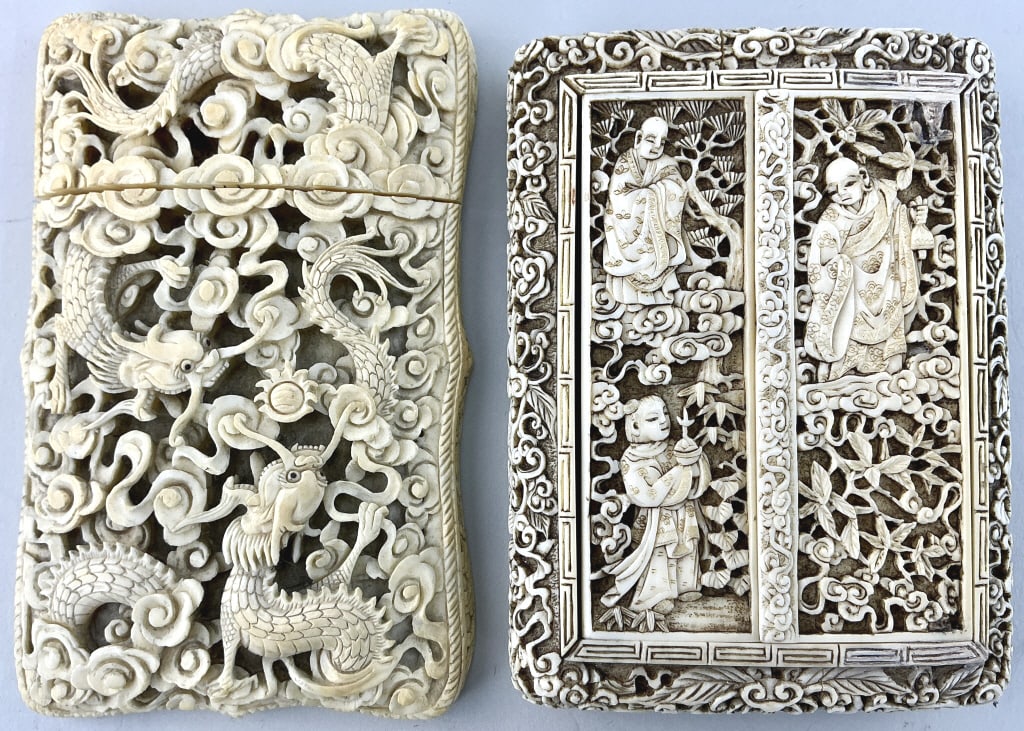 2 Chinese Canton Carved Bone Card Cases. (1 of 6)