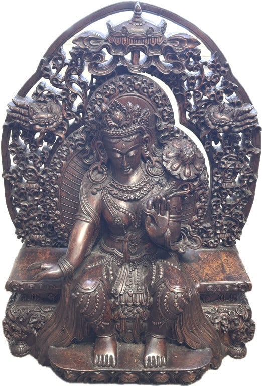 19th Century Carved Rosewood Bodhisattva Maitreya.: 20 inches long x 12 inches deep x 29 inches tall. Seated Bodhisattva with an ornate carved mandorla (Halo) behind the figure. The future Buddha Maitreya is represented here. Seated in the meditation p