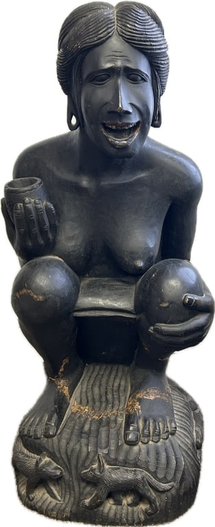 Tribal Carved Hardwood Birthing/Fertility Statue.: 14.5 inches wide x 16 inches deep x 36 inches tall. Statue is solid wood, therefore heavy at 60-80 lbs. Carved ebony or sese wood figure of a squatting woman apparently giving birth, with various anim