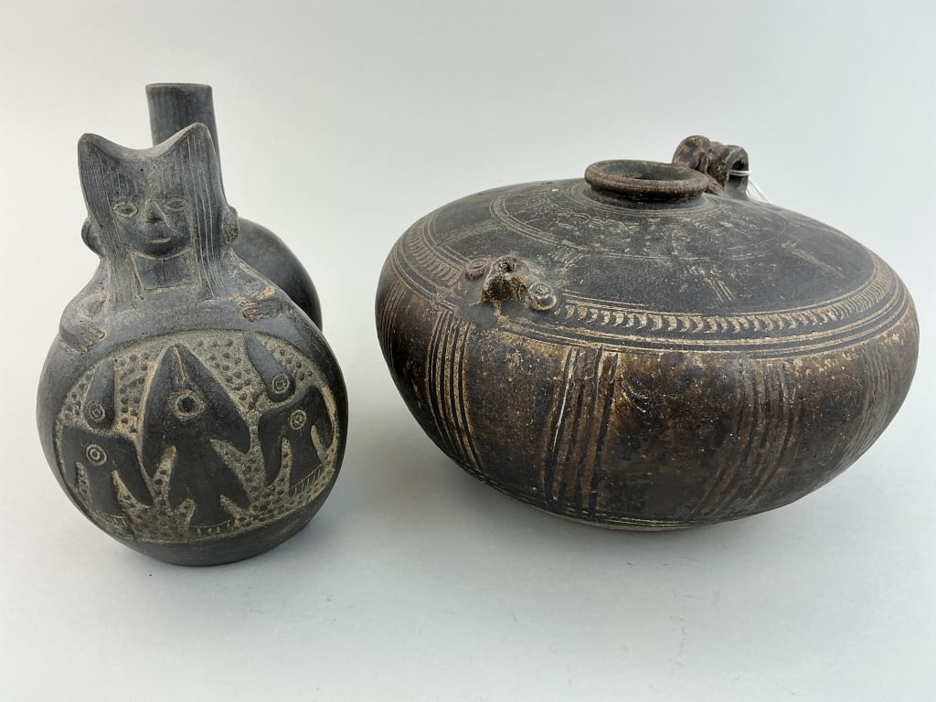 Chimu Whistling Vessel & Cambodian Honey Pot.: Whistling vessel measures 6 inches high. Chimu culture, Peru blackware pottery double-chambered vessel designed to make a whistling sound when liquid is poured between the chambers. with figural spout