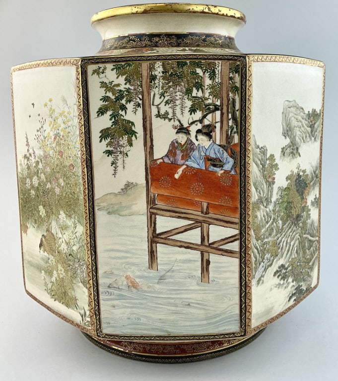 Fine Large Antique Japanese Satsuma Pottery Vase.: Measures 13 inches high. Meiji period (1868-1912), octagonal form, the paneled sides polychrome decorated with alternating reserves depicting elegant ladies and traveling processions, dramatic landsca