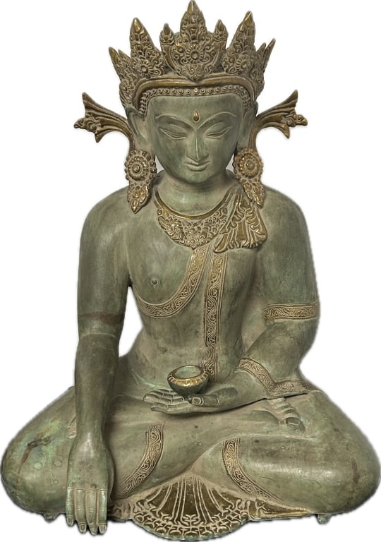 Antique Bronze Akshobhya Buddhist Statue.: 17 inches wide x 13 inches deep x 22 inches tall. Heavy at 50+ lbs. Bronze with gold embellishments, representing Akshobhya, lord of the East, seated in padmansana with hands in budmispara and dhyana 