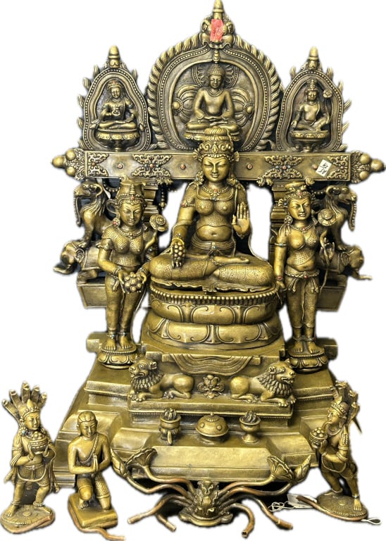 India Buddhist Bronze Shyama Tara Sculpture.: 21 inches wide x 14 inches deep x 28 inches tall. Weighs 50+ lbs. Buddhist altarpiece with the Goddess Shayama (green Tara) flanked by Sita (White Tara) and Transcendental Buddha Amitabha and Bodhisat