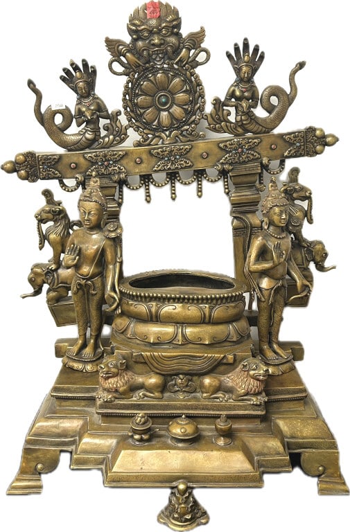Kumaradeva Style Bronze Buddhist Shrine.: Heavy at 50+ lbs. 21.5 inches wide x 14 inches deep x 28.5 inches tall. While the central deity is missing from the throne, this type of shrine typically houses Shyama Tara, the mother of all Buddhas.