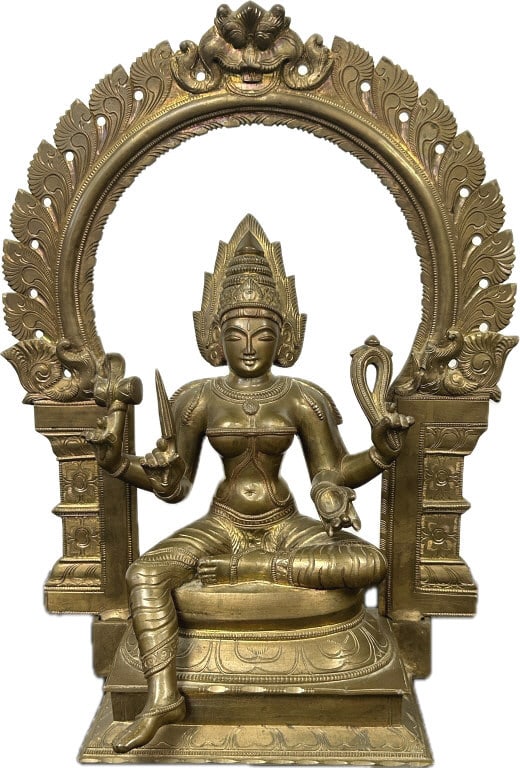 Bronze Hindu Goddess Mariamman Statue.: 13.5 inches wide x 17.5 inches tall. Archway is a separate piece that lifts off. Fairly heavy for size at approximately 20 lbs. Panchaloha castings of the goddess seated on a Kirtimukha throne. Reared