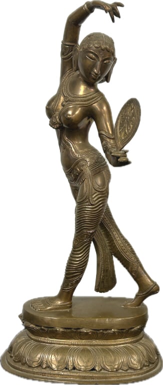 Copper Alloy Dancing Hindu Deity Statue.: 7.5 inches wide x 16 inches tall. Heavy for size at approximately 16-20 lbs. Graceful Dancing female figure, such as Parvati or a Yakshi crafted in the South Indian Chola style. Features a triple-bend