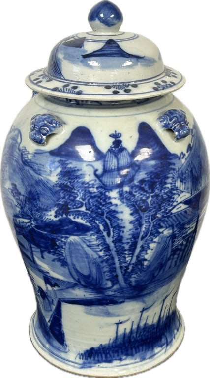 Antique Chinese Blue & White Porcelain Temple Jar.: 10 inches wide x 17.5 inches tall. Baluster form with dome lid, lion mask handles, hand-painted fi landscape motif. Unsigned, likely Qing dynasty. Condition: Very good. **LOCAL PICKUP MUST BE BY APPT 
