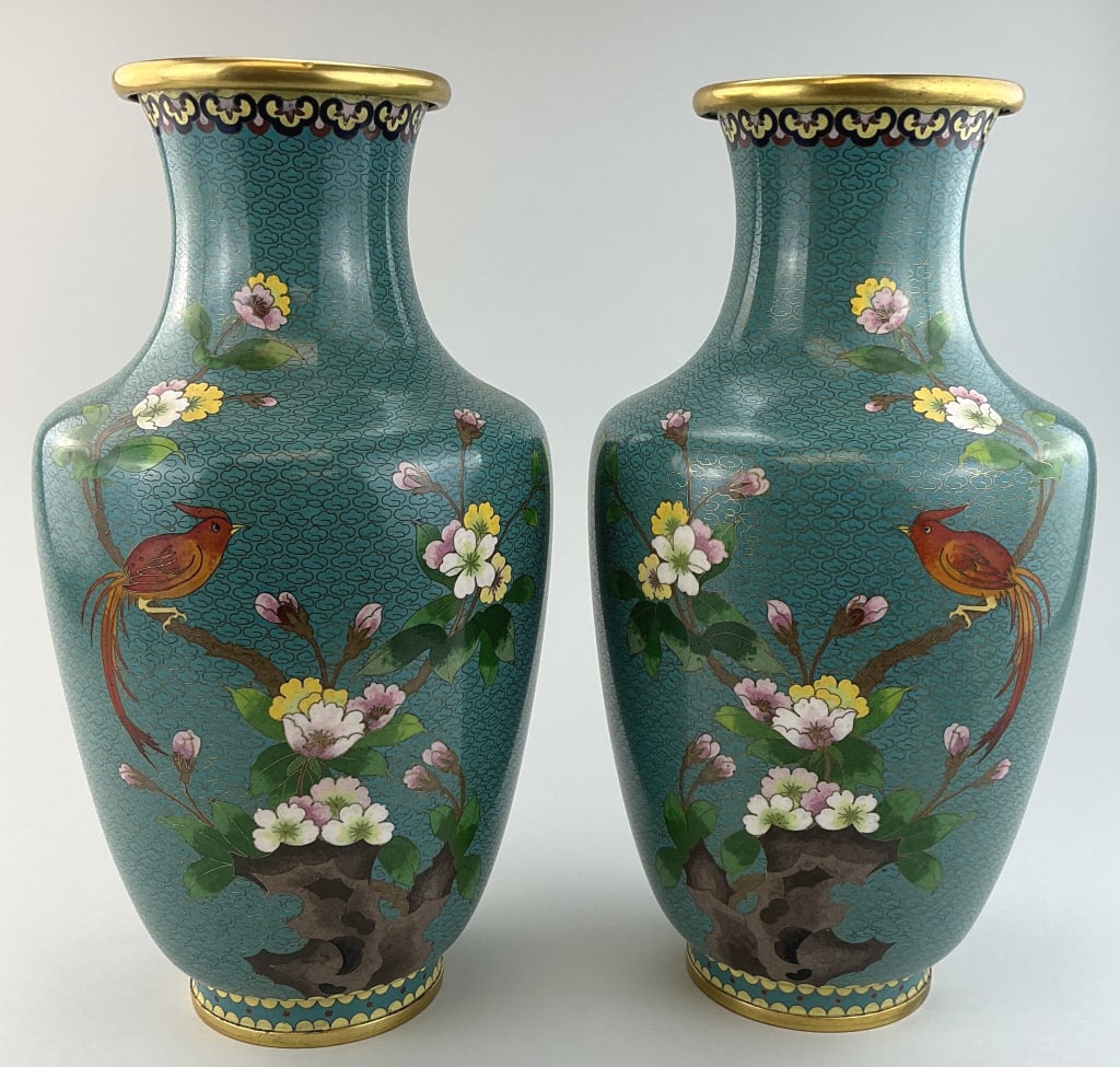 Pair of Vintage Chinese Cloisonné Enamel Vases.: Measure 15 inches high. Large pair of Cloisonné vases with turquoise enamel ground, blossoming cherry tree branches and exotic birds. Condition: Very good. **LOCAL PICKUP MUST BE BY APPT ONLY POS
