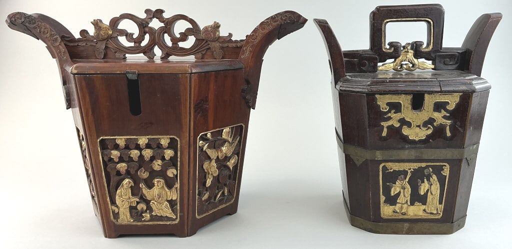 Antique Chinese Wooden Teapot Caddy Carriers. (1 of 15)