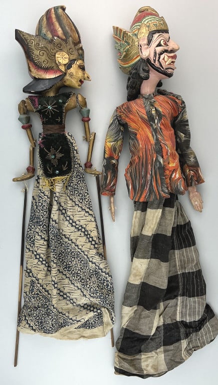 Two Antique Bali, Indonesia Rod Puppets.: Measure 28 and 32 inches high. Known as Wayang Golek, carved and painted wood puppets with velvet and cotton attire. **LOCAL PICKUP MUST BE BY APPT ONLY POST AUCTION ONLY ON SPECIFIC DATES:CALL 717-27