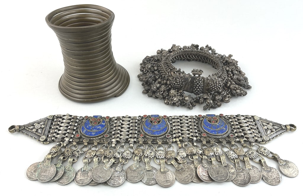 Coil Armlet, Anklet Bracelet & Choker Necklace.: Gemstone piece measures 13 inches long. Ifugao people Luzon region of the Philippines woman's brass coil armlet. Vintage ethnic tribal anklet bracelet from Rajasthan, India, crafted from silver and fe