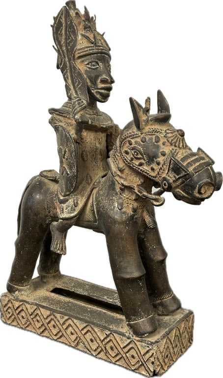 Vintage Benin-Style Bronze Warrior on Horseback.: 15 inches long x 6 inches wide x 20 inches tall. Approximately 25-30 lbs. Bronze statue from the Edo people of the Kingdom of Benin (modern day Nigeria). These figures typically represent high-ranking