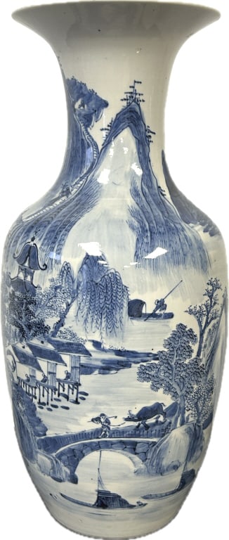 Antique Chinese Blue & White Porcelain Vase.: 8 inches wide x 18 inches tall. Likely Meiji period 1868-1912). Decorated in a traditional landscape scene or shan shui, underglaze blue with figures, boats and pagodas amid a towering and lush mounta