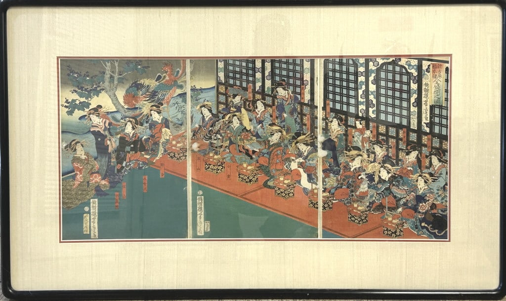 Japanese Woodblock Triptych Print by Yoshitora.: Framed and matted, 38 x 23 inches. Traditional Japanese woodblock print (ukiyo-e) by artist Yoshitora (1839-1892). Titled Beauties in the house in Yoshiwara, printed by Masadaya. Depicts a crowdedcour