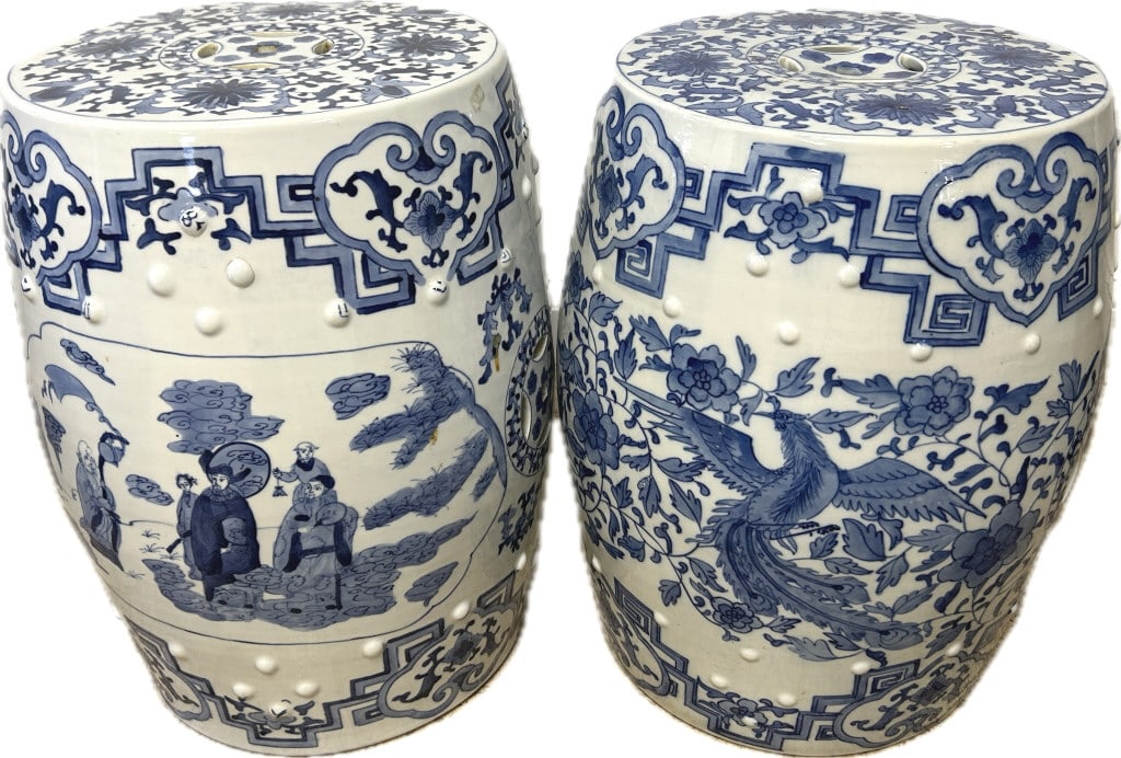2 Chinese Blue & White Porcelain Garden Stools.: Each measures 13 inches wide x 17 inches tall. 20th century. Each is barrel-form, one with scholar and landscape motif and one with Phoenix and dragon motif. Condition: Very good.**LOCAL PICKUP MUST B