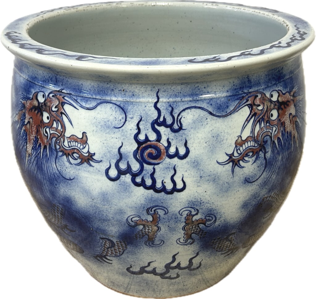 Large Chinese Antique/Vintage Porcelain Jardiniere: 18.5 inches wide x 16.5 inches tall. Approximately 40 lbs. Feature twin dragons chasing a flaming pearl, under-glaze blue with iron red details. Condition: Very good. **LOCAL PICKUP MUST BE BY APPT ON