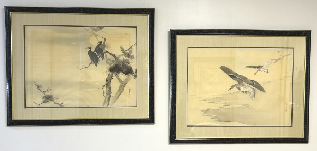 2 Antique Japanese Ink Wash Paintings.: Framed and matted, 35 x 28 inches. Both are signed and in the style of artist Kawanabe Kyosai, likely Meiji period (1868-1912), and known as sumi-e. 1st: Depicting 3 cormorants perched on a tree branc