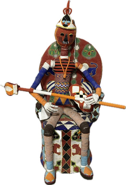 Large African Yoruba Beaded Chief Sculpture.: Approximately 60 inches tall x 27 inches wide. Approximately 40-50 lbs. Likely from the Yoruba people of Nigeria. The entire figure and throne are covered in elaborate beadwork which is a hallmark of 