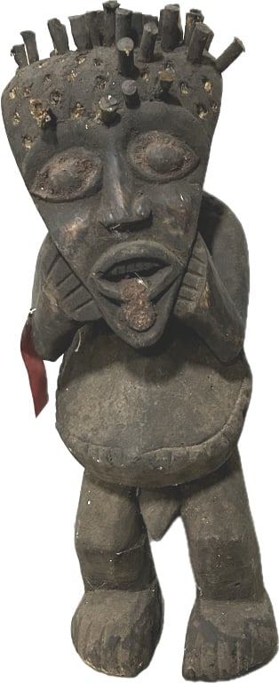 Vintage African Mambila Tadep Carved Wood Figure.: 27 inches x 9 inches wide. Cameroon, Nigeria ancestral figure, typically placed in shrines or outdoors to protect the community and bring wealth. Condition: Good with wear, missing numerous wood pegs 