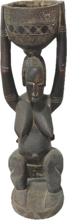 Luba African Carved Wood Divination Bowl Bearer.: 38 inches tall x 10.5 inches wide. Large antique/vintage sacred wooden figure used by royal diviners in the Democratic Republic of the Congo. Depicts a mother with a child clinging to her back and hol