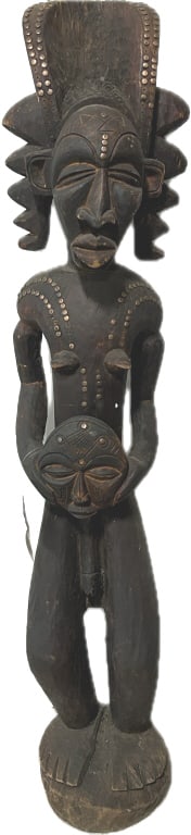 Senufo African Blolo Bian Carved Wood Statue.: 60 inches tall x 12 inches wide. Antique/vintage large ancestral figure from West Africa, typically found in regions such as Cote d'loird or Mali. Carved from a single piece of wood, holding a mask, a