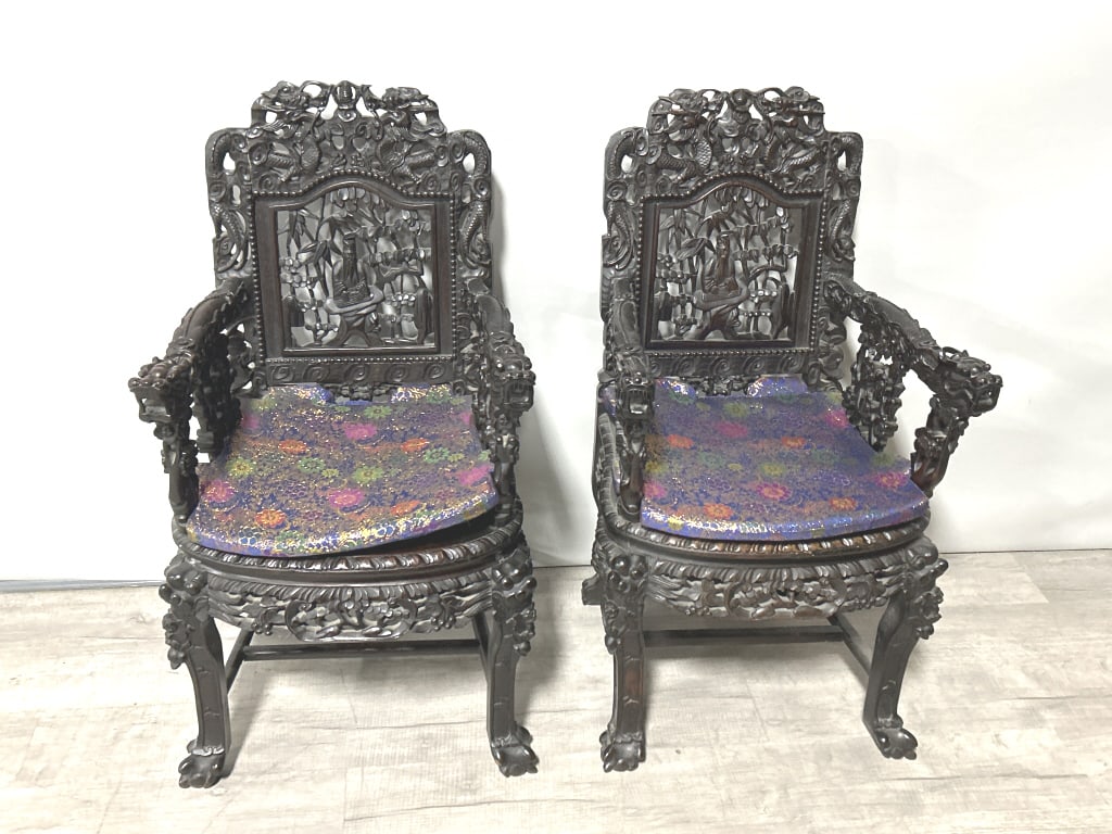 Pair of Chinese 19th Century Carved Dragon Chairs.: Each measures 39 inches tall x 20.5 inches arm to arm. Chairs are heavy, approximately 40 lbs each. Likely Meiji period 1868-1912). Ornately carved lacquered hardwood Throne-type armchairs with dragon