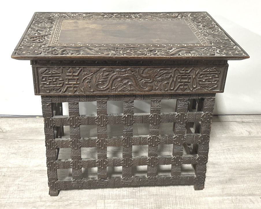 Antique Chinese Carved Rosewood Campaign Desk.: 24.5 x 17.5 x 20 inches tall. Likely Meiji period (1868-1912). Also known as a traveling scribe, originally used by scholars for writing correspondence while traveling. Finely carved with dragon motif