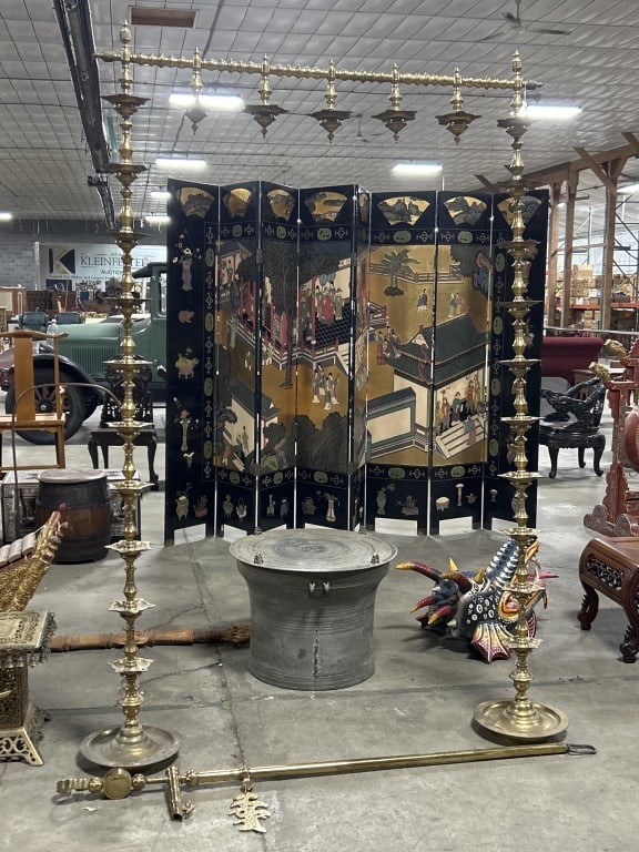 Large Turned-Brass Gong Support Frame.: 90 inches high x 54 inches wide. With Indian-style Jyoti Diya supports. Condition: Very good, no gong. **LOCAL PICKUP MUST BE BY APPT ONLY POST AUCTION ONLY ON SPECIFIC DATES:CALL 717-272-7078 TO MAKE