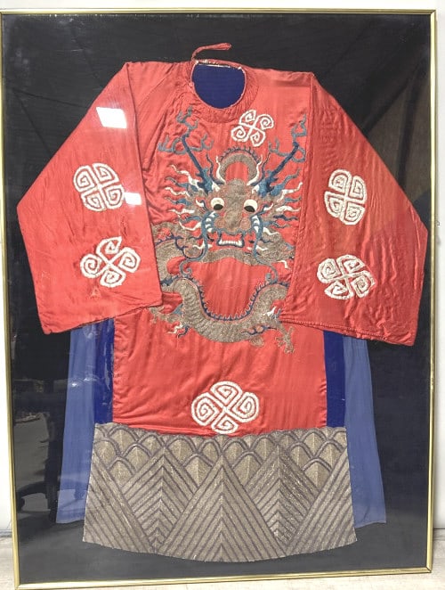Chinese Late Qing Dynasty Imperial Court Robe.: Frame is large and heavy, measures 48 x 65 inches. Late 19th/early 20th century. Semi-formal attire known as a jifu or auspicious robe. Featuring a bold embroidered dragon and stylized clouds. Conditi