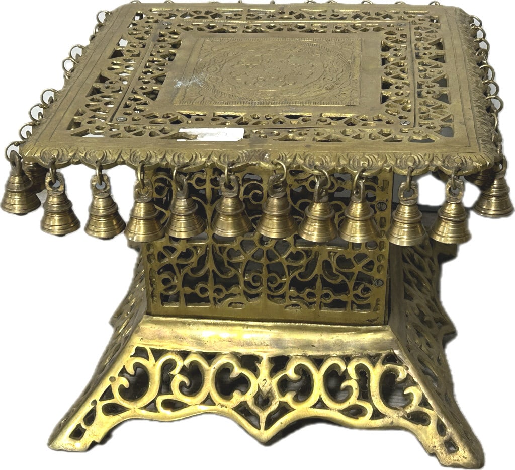 Vintage Hindu Brass Chowki Stool.: 14 inches x square x 11 inches tall. Approximately 30-40 lbs. Featuring intricate openwork (jali) patterns and dangling bells. Often used at an altar for a deity stand. Condition: Very good.**LOCAL PI