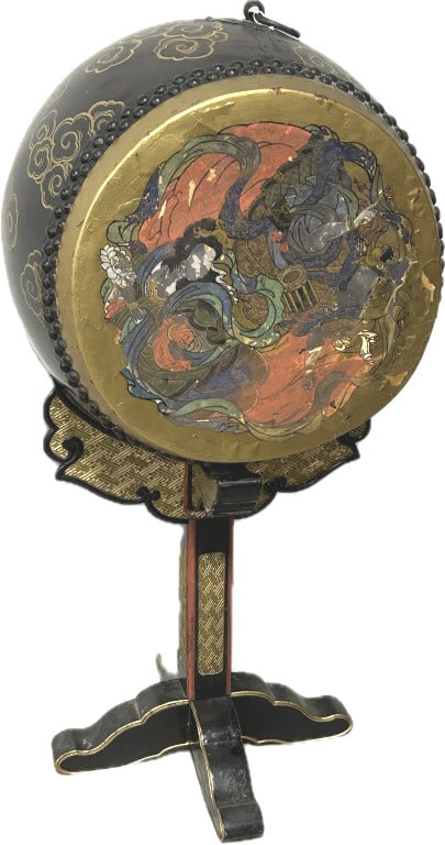Vintage Japanese Tsuri-Daiko Drum with Stand.: Drum measures 22.75 inches wide x 20 inch diameter. Stand is 27 inches tall. Traditionally used in Gagaku, the ancient imperial court music of Japan. Polychrome figural designs, the frame is adorned w