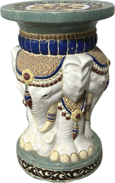 Vintage Chinese Ceramic Elephant Garden Stool.: 13 inch seat diameter x 20.5 inches tall. Unusual form Chinese enamel glazed (majolica) ceramic garden seat. Condition: Very good. **LOCAL PICKUP MUST BE BY APPT ONLY POST AUCTION ONLY ON SPECIFIC DAT