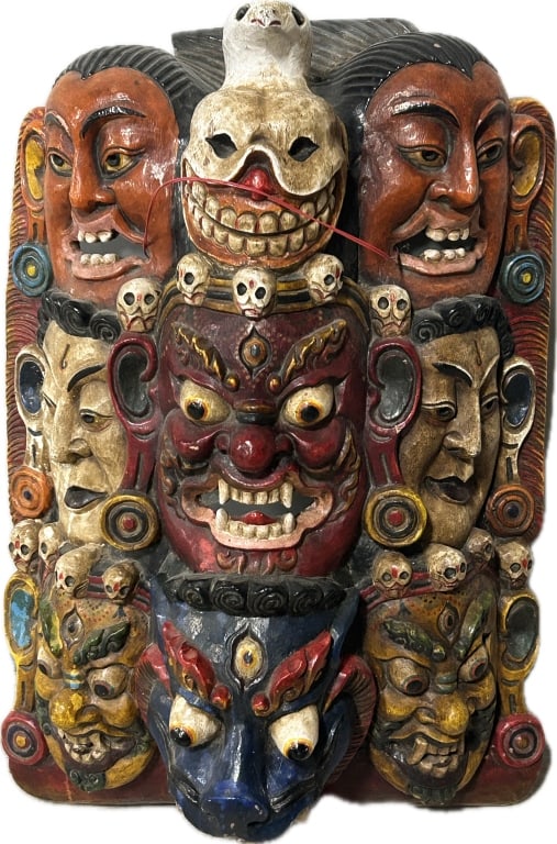 Tibetan Hindu Bhairab Carved & Painted Mask.: 17 inches wide x 27 inches high. Antique/vintage mask with vibrant polychrome painted decoration. Traditional Himalayan shamanic mask, the various faces represent specific protective deities and symbo