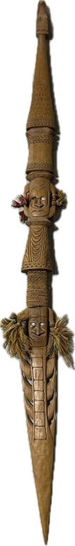 Vintage New Zealand Maori Taiaha Fighting Staff.: 76 inches long x 4.5 inches wide. Traditional carved wood staff featuring carved faces (upoko), the shaft (tinana) is flat and elongated for striking and thrusting. Condition: Good with wear, missing 