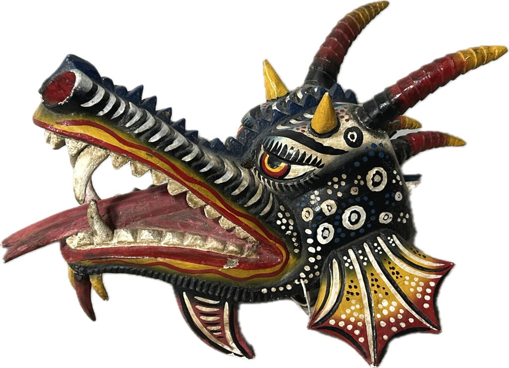 Balinese Naga Carved & Painted Wood Dragon Mask.: 20 inches wide x 24 inches long. Boldly carved and polychrome painted Indonesian Naga or Barong fierce dragon mask. Condition: Very good with minor wear. **LOCAL PICKUP MUST BE BY APPT ONLY POSTAUCTIO