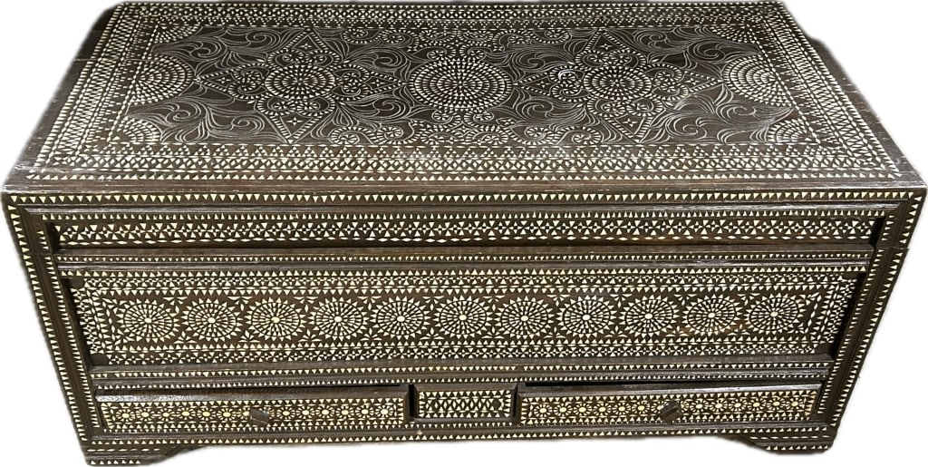 Antique Syrian Inlaid Walnut Blanket Chest.: 40 inches wide x 19.5 inches deep x 18.5 inches high. Featuring intricate mother-of-pearl sunburst inlays and Moorish patterned carvings. Historically gifted as wedding dowry chests. Condition: Good w