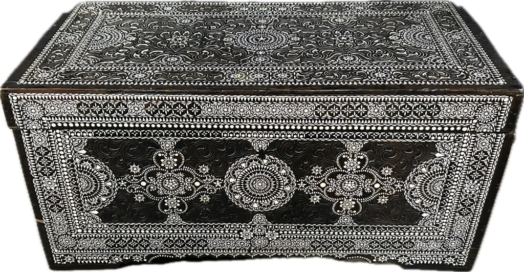 Antique Syrian Inlaid Walnut Blanket Chest.: 33 inches wide x 16.5 inches deep x 16.5 inches high. 40 inches wide x 19.5 inches deep x 18.5 inches high. Featuring intricate mother-of-pearl sunburst inlays and Moorish patterned carvings. Historic