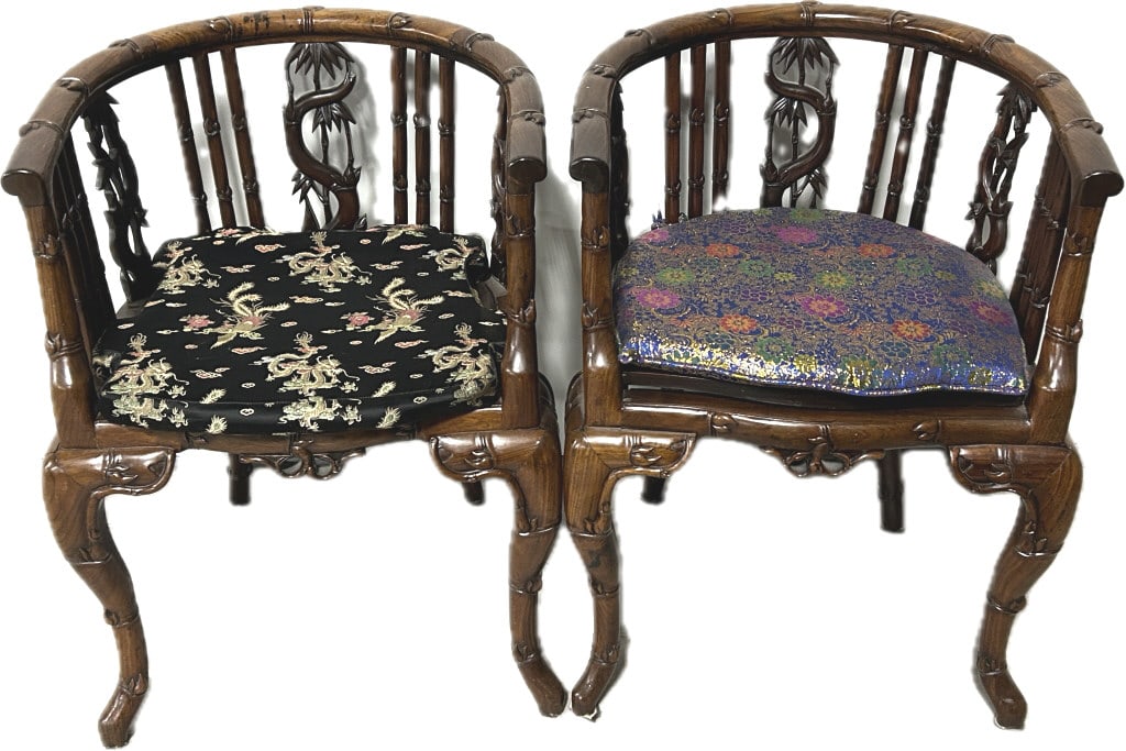 Pair of Chinese Carved Rosewood Horseshoe Chairs.: Each chair measures 31 inches tall x 22 inches arm to arm. Fairly heavy at approximately 20 lbs each. Late 19th/early 20th century. Bamboo carved continuous armchairs with cabriole legs. Condition: Go