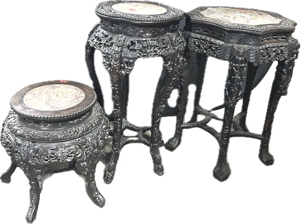 3 Antique Chinese Carved Rosewood Plant Stands. (1 of 8)