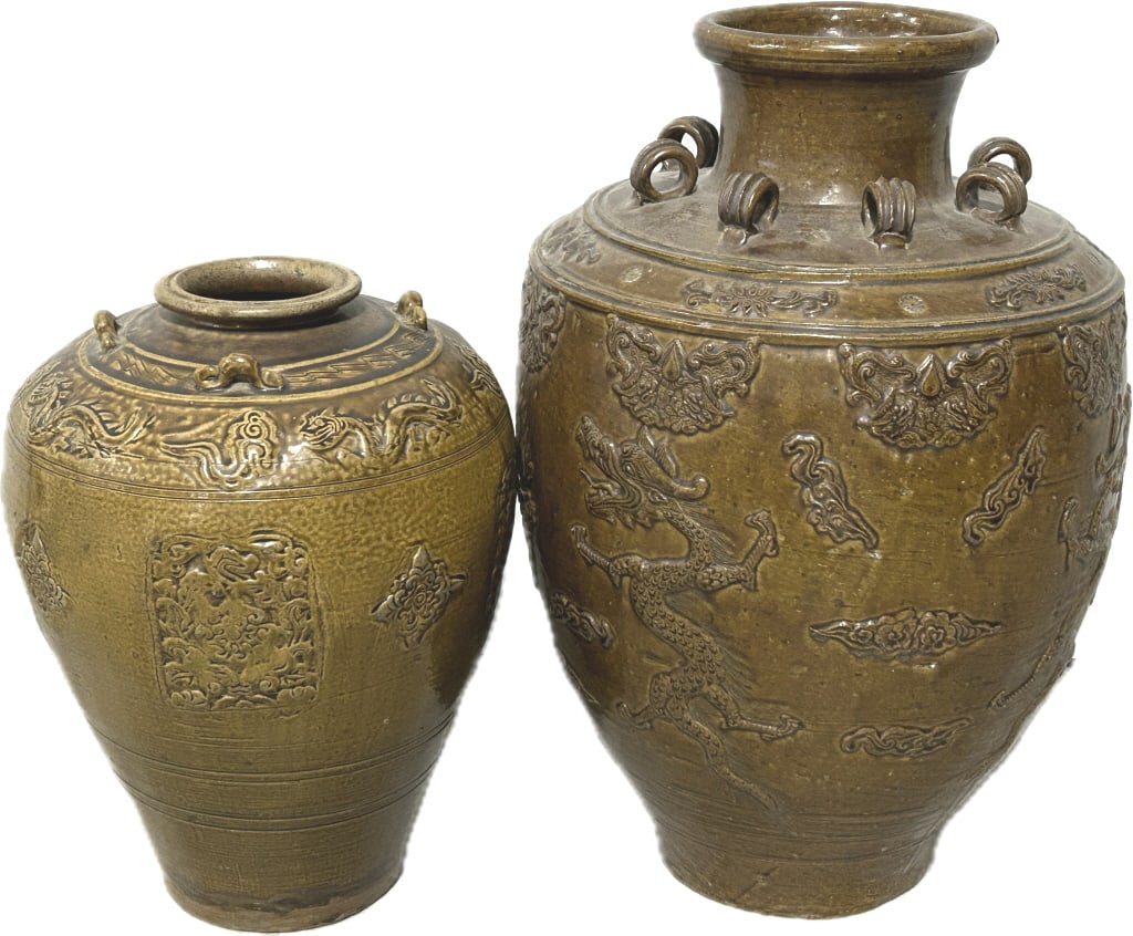 2 Antique Chinese Brown Glazed Martaban Jars.: Large vase measures 15 inches wide x 22.5 inches tall. Smaller vase 11.5 inches wide x 16 inches tall. Burmese pottery Late Qing dynasty, each with rolled rims, shoulder with lugs (for tying down on s