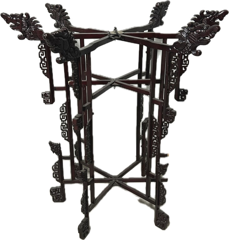Vintage Chinese Rosewood Lantern Frame.: 40 inches diameter x 41 inches high. Dragon-carved hanging lantern frame with hexagonal frame. Good with wear, one dragon carving is broken and missing. **LOCAL PICKUP MUST BE BY APPT ONLY POSTAUCTION
